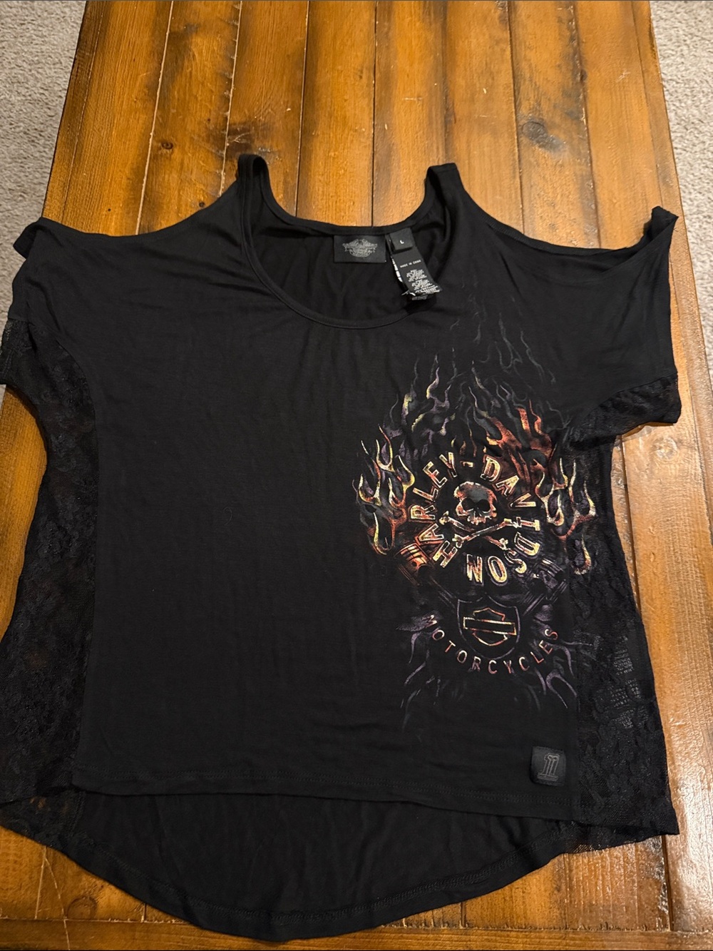 Harley-Davidson Black Cold-Shoulder Flame Skull Tee